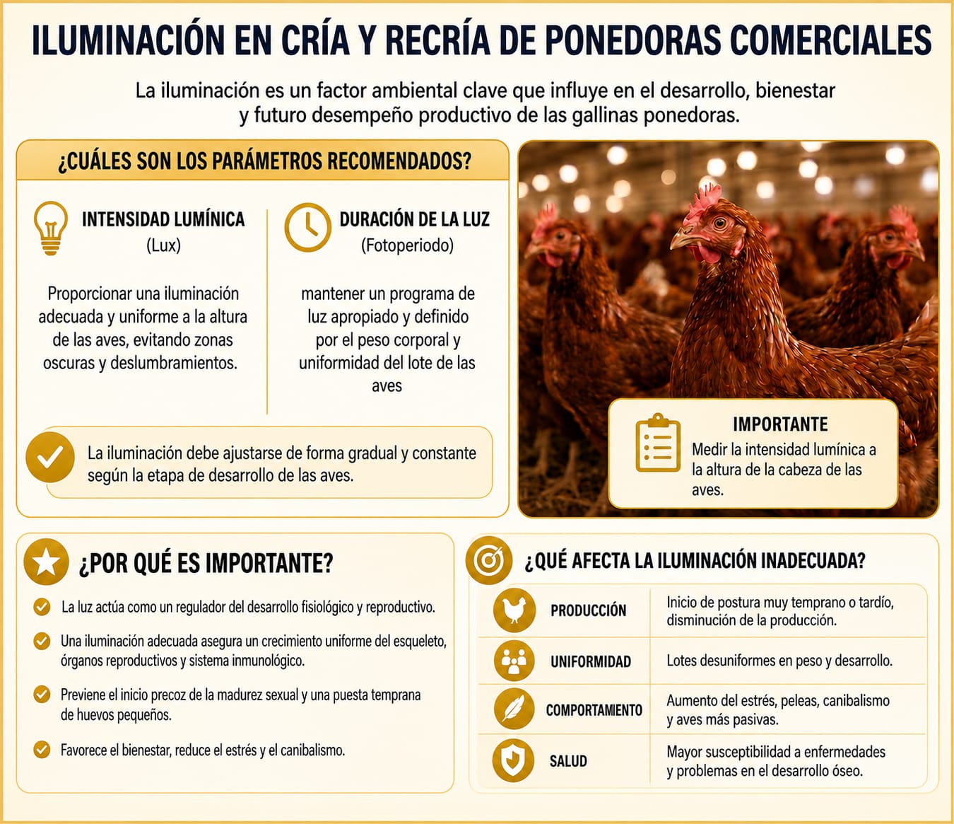 Diagrama de parámetros de iluminación en cría y recría de ponedoras: intensidad lumínica y fotoperiodo, y consecuencias en producción, uniformidad, comportamiento y salud