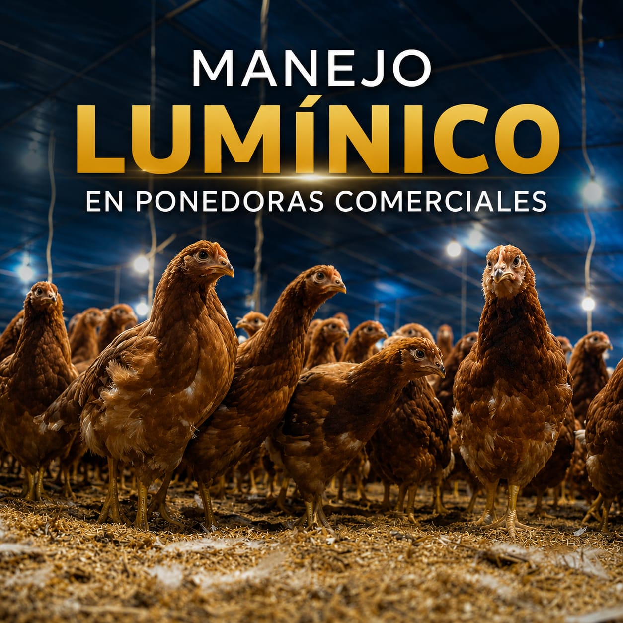 Manejo lumínico en ponedoras comerciales, gallinas ponedoras marrones bajo bombillas en un galpón