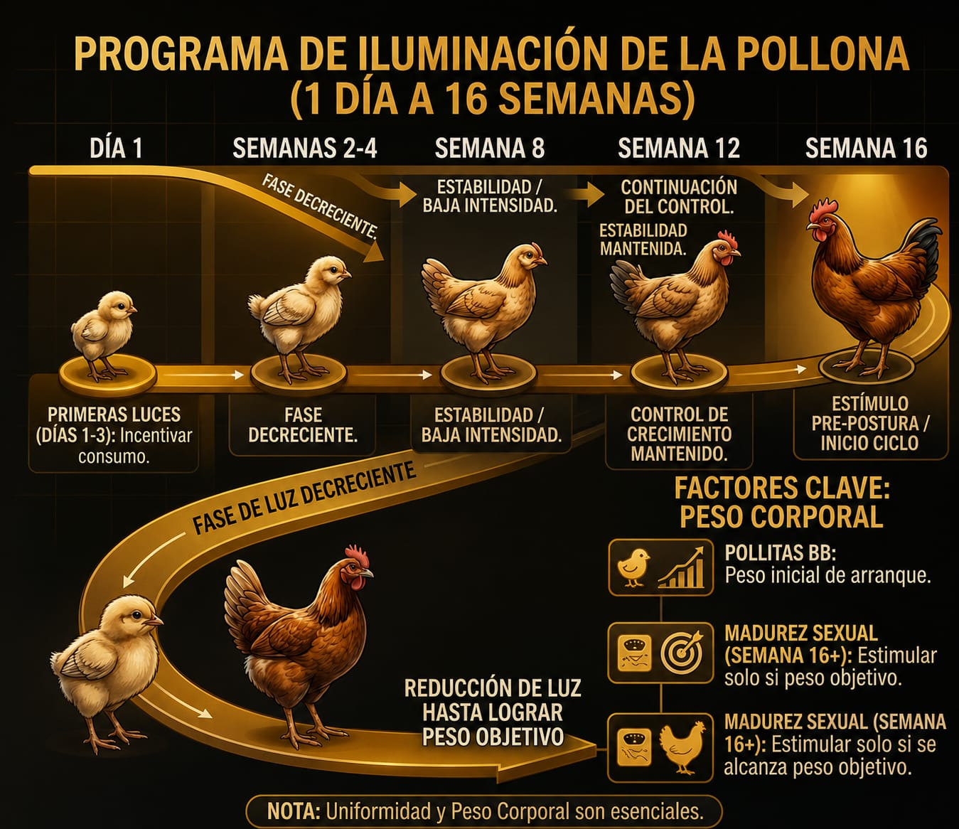 Diagrama del programa de iluminación de la pollona desde el día 1 hasta la semana 16: primeras luces, fase decreciente, estabilidad, control de crecimiento y estímulo pre-postura